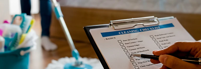  Una persona revisa una lista de tareas de limpieza mientras sostiene un bolígrafo y hay productos de limpieza en un balde cerca. 