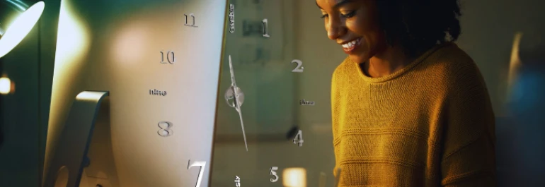  Una persona sonriente mira hacia una pantalla grande con la superposición de un reloj. 