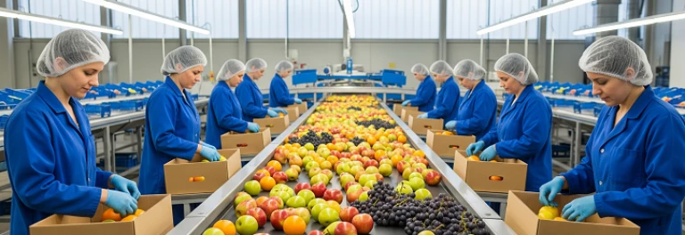  Un conjunto de trabajadoras seleccionando fruta de un lineal de una empresa 