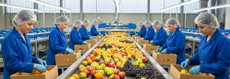  Un conjunto de trabajadoras seleccionando fruta de un lineal de una empresa 