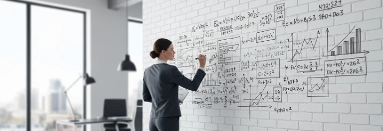  Una persona realizando cálculos en la pared de una empresa. 