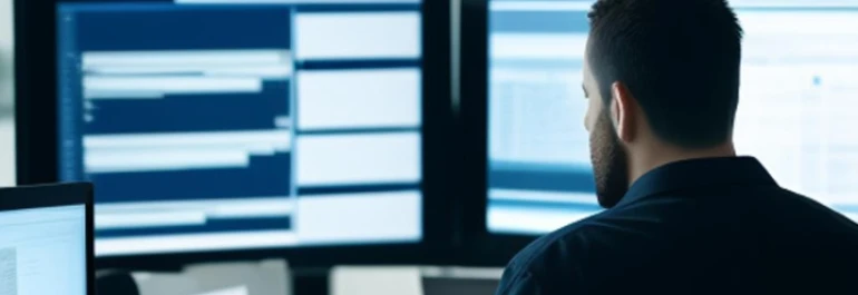  Una persona trabaja frente a múltiples pantallas con datos en una oficina. 