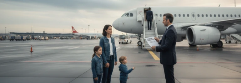  hombre subiendo al avión, mientras a su familia le muestran un documento 