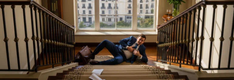  Hombre con traje azul en el suelo adolorido frente a escaleras 