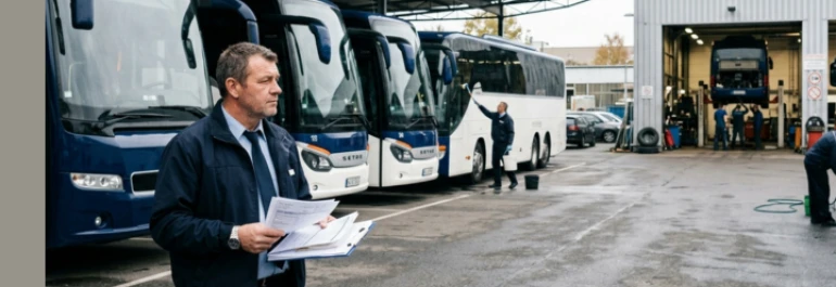  Trabajador con papeles de IPT en una empresa de autobuses con conductores limpiando 