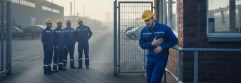  Trabajadores con mono azul y casco amarillo observando desde la puerta a trabajador con el mismo mono sujetándose el pecho 