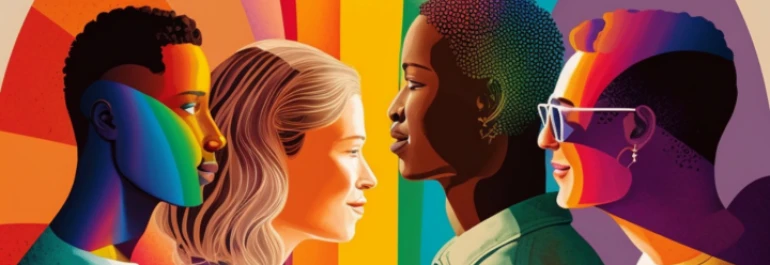  Siluetas de cuatro personas mezcladas con el color del arcoiris 