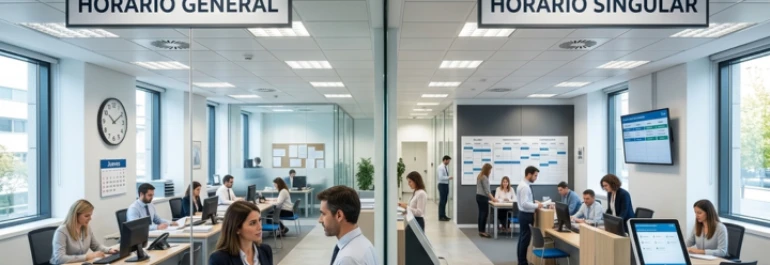  Imagen en la que la se ven dos oficinas, una con horario general y otra con horario singular 