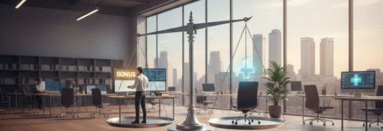  Trabajador sobre una balanza trabajando, en la contraparte una silla vacía con una cruz azul encima 