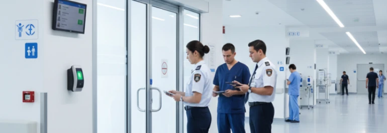  Seguridad de un hospital junto a personal sanitario frente a puerta de acceso que tiene un lector de huellas para fichar la entrada 
