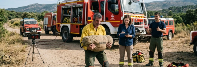  Bombero haciendo pruebas físicas con camiones de bombero detrás 
