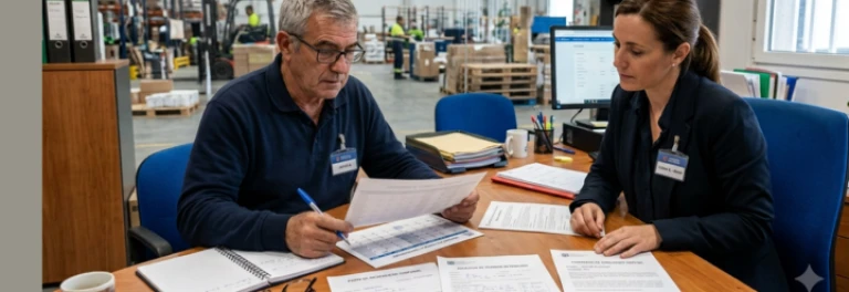  Trabajador jubilado parcial revisando calendario con RRHH para recuperar horas 