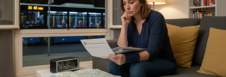  Mujer revisando documentos en su sofá frente a un mapa de Madrid 