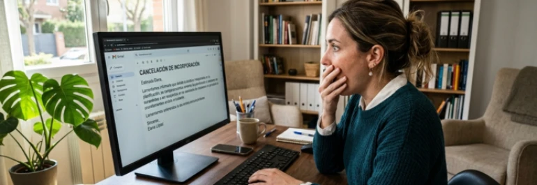  Mujer rubia en su escritorio frente a su ordenador viendo un correo que le sorprende 