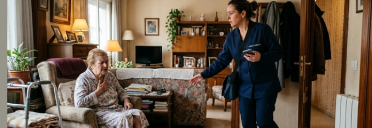 Trabajadora en casa de su madre por urgencia familiar con el uniforme de trabajo 