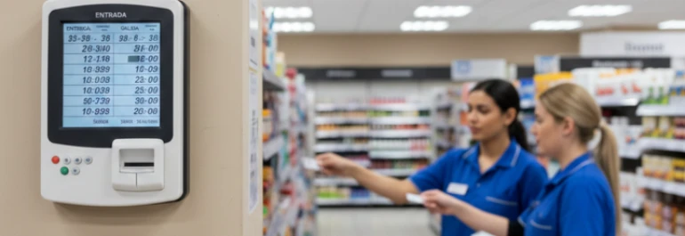  Dos trabajadoras de una tienda intercambiando sus tarjetas de fichaje en el fondo y en el primer plano la máquina para fichar 