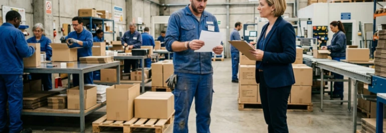  Trabajador viendo documento con responsable de la empresa en el lugar de trabajo 