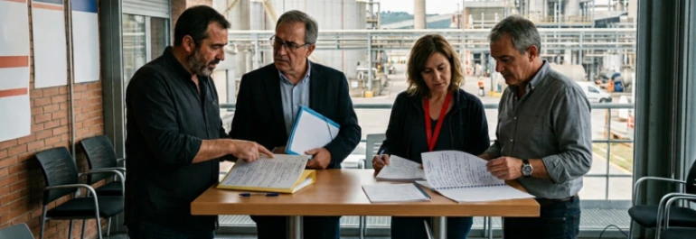  Representantes leyendo y señalando papeles concentrados en una fábrica de industria química 