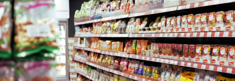  Estantes de supermercado llenos de productos envasados. 