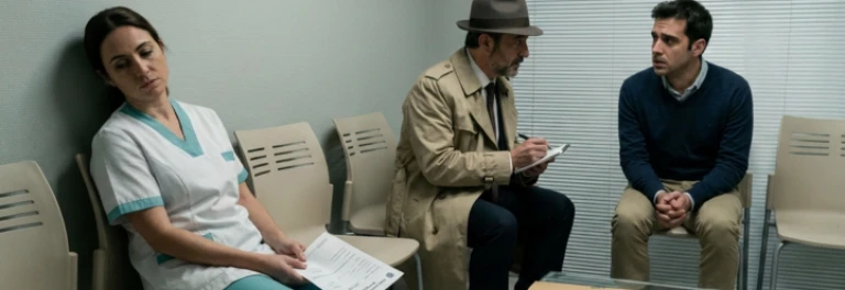  Hombre con gabardina que parece investigador toma nota mientras habla con otro hombre en una sala de espera junto a una mujer en uniforme 