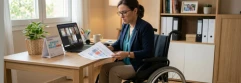  Trabajadora con discapacidad teletrabajando en casa en silla de ruedas preocupada 