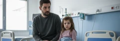  Hombre con su hija sentados en la cama del hospital, ambos preocupados 