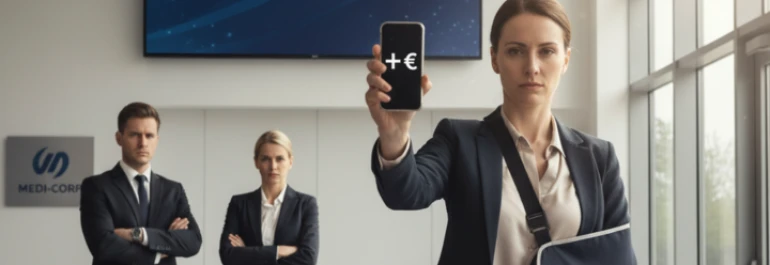  Trabajadora con traje con el brazo inmovilizado sosteniendo su teléfono con el pago frente a empresarios molestos 