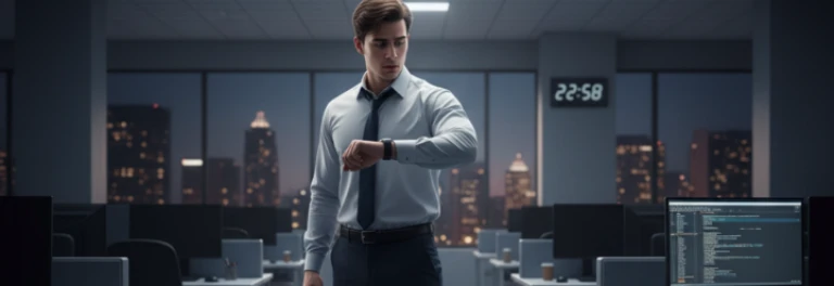  hombre con camisa y corbata viendo su reloj con la oficina apagada 