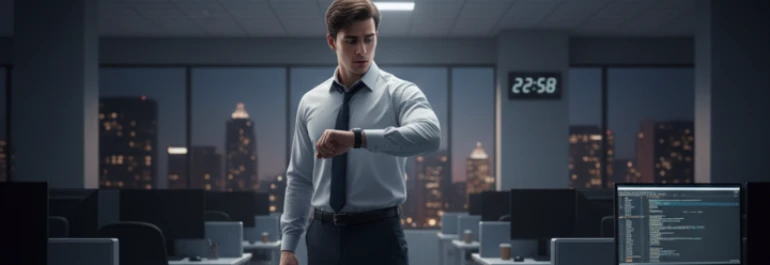  hombre con camisa y corbata viendo su reloj con la oficina apagada 