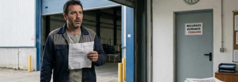  Hombre con ropa de mecánico frente a la oficina del taller sujetando su carta de despido 