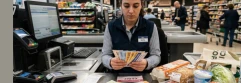  Trabajadora de supermercado comprando con vales de descuento 