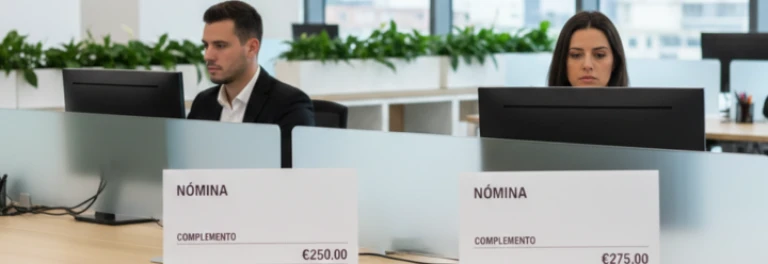  Dos trabajadores en una oficina, sentados juntos, viendo sus pantallas, frente a ellos se ve un fragmento de su nómina en la que se ve complementos diferentes 