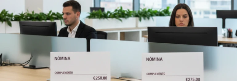  Dos trabajadores en una oficina, sentados juntos, viendo sus pantallas, frente a ellos se ve un fragmento de su nómina en la que se ve complementos diferentes 