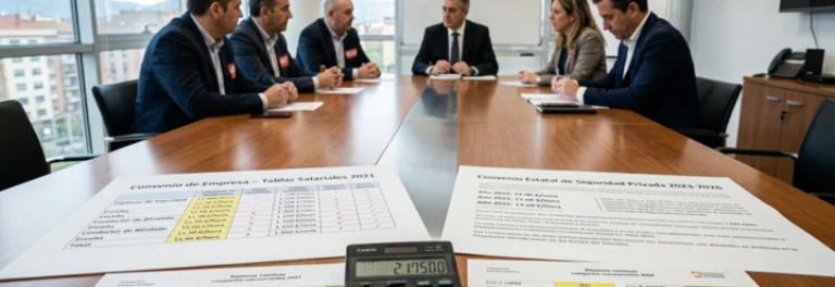  personas reunidas en sala de reuniones con las tablas salariales y una calculadora sobre la mesa 