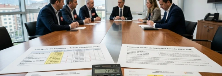  personas reunidas en sala de reuniones con las tablas salariales y una calculadora sobre la mesa 