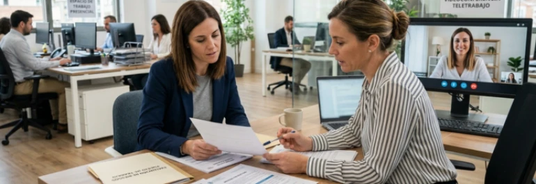  Trabajadora con RRHH hablando en la oficina, detrás videollamada de mujer en teletrabajo 