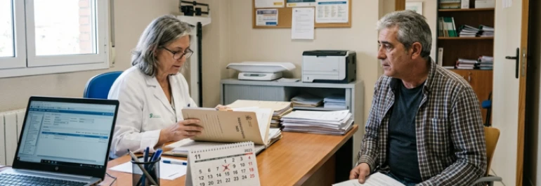  Médico realizando una revisión de la incapacidad a un hombre 