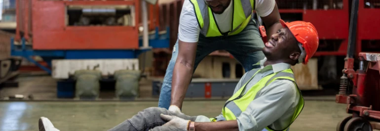  Trabajador con dolor en el suelo de una fábrica ayudado por un compañero 