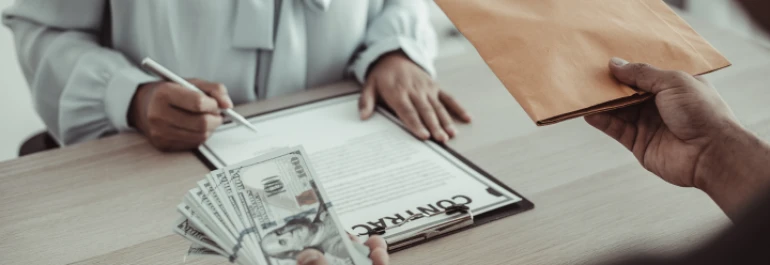  Una persona está firmando un contrato mientras otra entrega dinero y un sobre. 