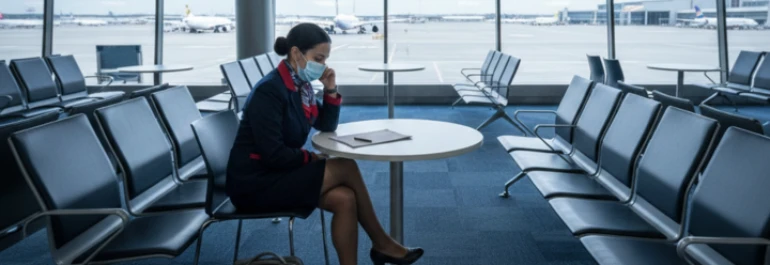  Sobrecargo con mascarilla en la sala de espera de un aeropuerto frente a documentos 