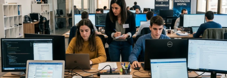  estudiantes de practicas en una empresa aprendiendo con un supervisor 
