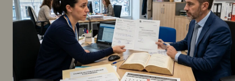  Trabajadora y recursos humanos negociando calendario laboral y conciliación 