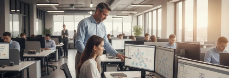  Hombre con camisa celeste en oficina moderna llena de gente señalando a pantalla junto a chica con blusa blanca 