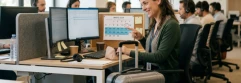  Trabajadora en la oficina con la maleta señalando el calendario de vacaciones 