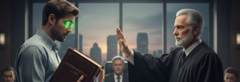  Juez con toga negra negándole la pretensión a un trabajador que sujeta leyes internacionales y tiene símbolos de dólar en los ojos 