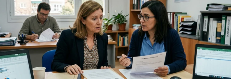  Trabajadora propietaria de empresa mirando papeles con otra mujer 