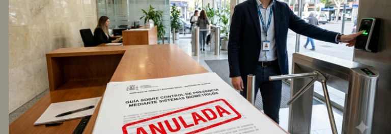  Trabajador entrando en la empresa con sistemas biométricos, guía anulada en la mesa 