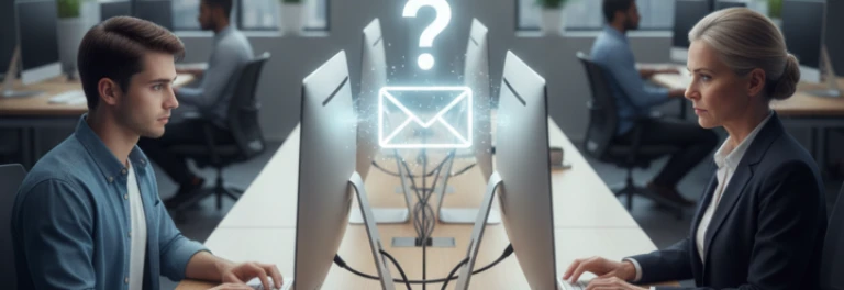  trabajador frente al ordenador frente a su jefa con un correo flotando sin saber a dónde ir 