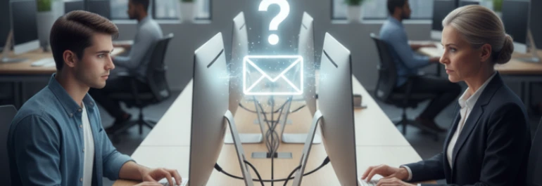 trabajador frente al ordenador frente a su jefa con un correo flotando sin saber a dónde ir 
